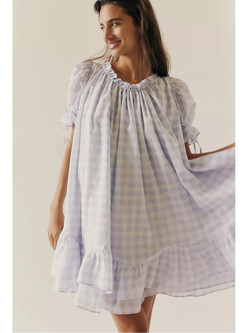 Free People Selkie The Island Chemise Gingham Ruffle Mini Shift Dress Medium